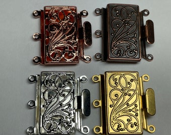 Assorted 3-strand filigree style box clasp, 23mm x 21mm, matte gold plate, silver plate, ant copper plate, copper plate, ant brass plate