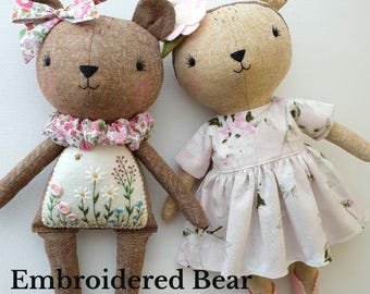 Embroidered Bear Doll Sewing Pattern PDF Tutorial Soft Toy Pattern Beginner Friendly Heirloom Gift