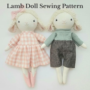 Patrón de costura para muñeco de cordero en PDF. Peluche suave para guardería con ropa. Tutorial de reliquia.