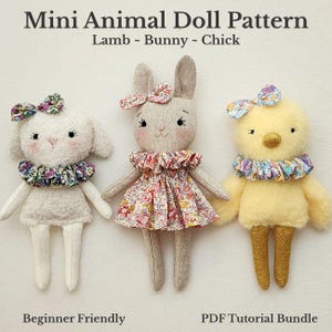 Mini Animal Doll Sewing Pattern Bundle PDF Tutorial Lamb Bunny Chick Beginner Soft Toy