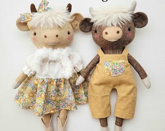 Highland Cow Doll naaipatroon pdf, tutorial knuffel voor beginners, boerderijdieren speelgoed DIY