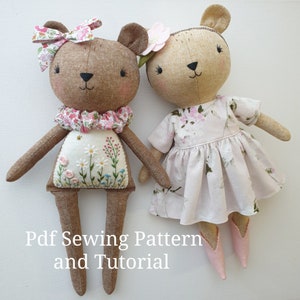 Embroidered Bear PDF Sewing Pattern Baby Shower Gift DIY Sewing Project Stuffed Doll with Clothes Tutorial Beginner Sewing Plush Toy Nursery