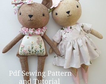 Embroidered Bear PDF Sewing Pattern Baby Shower Gift DIY Sewing Project Stuffed Doll with Clothes Tutorial Beginner Sewing Plush Toy Nursery
