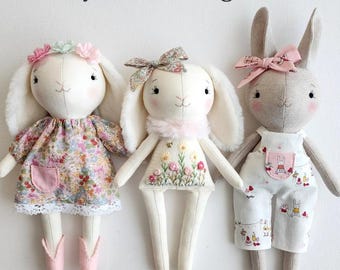Embroidered Bunny Doll Sewing Pattern PDF with Clothes and Outfit Options