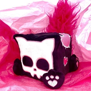 Jolly Cat the cute scary Jolly Roger skull styled pink and black plush kitty by Squaredy Cats