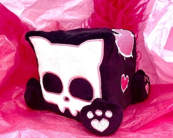 Jolly Cat the cute scary Jolly Roger skull styled pink and black plush kitty by Squaredy Cats