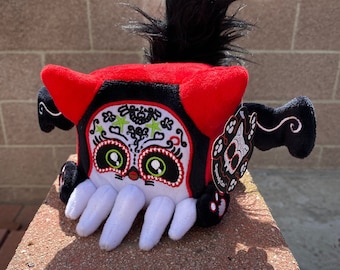 Sugar Skull Cathulhu plushie, the weird and cute memorial and day of the dead Cthulhu and cat plush mashup by Squaredy Cats