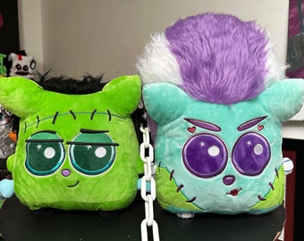 Squishy Frankenstein & Bride of Frankenstein pair stuffed pillow plushies by Squaredy Cats