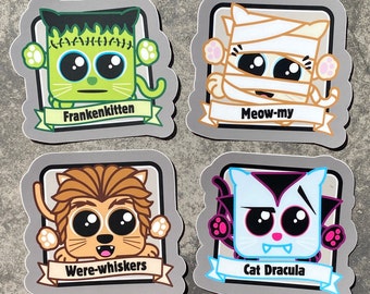 Classic Monster kitties Squaredy Cats stickers (set of all 4 like the Universal Monsters, but Frankenstein, Lykoi, Vampire, & Mummy)