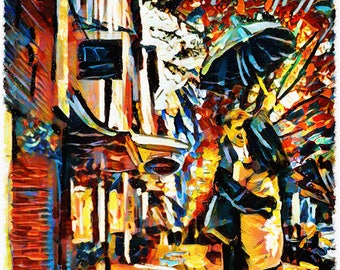 Rainy Day Art Print, Romantic Couple Walking, Umbrella Couple, Love Art