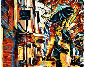 Rainy Day Art Print, Pareja romántica caminando, pareja paraguas, arte amoroso
