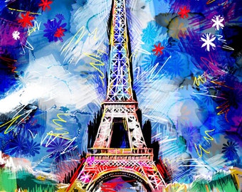 May include: A colourful abstract painting of the Eiffel Tower in Paris, France. The tower is depicted in white and black lines with red accents. The background is a blue and purple watercolour wash with white stars and yellow accents.