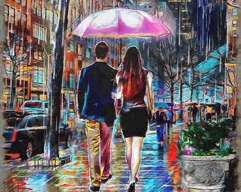 Rainy Day Art Print, New York, Romantic Couple Walking, Umbrella in the Rain, Love Art