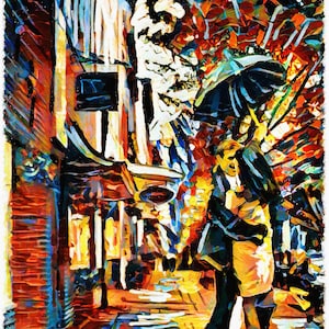 Rainy Day Art Print, Romantic Couple Walking, Umbrella Couple, Love Art
