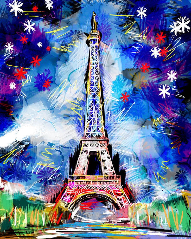 May include: A colorful abstract painting of the Eiffel Tower in Paris, France. The tower is depicted in white and black lines with red accents. The background is a blue and purple watercolor wash with white stars and yellow accents.