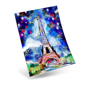 May include: A colorful abstract painting of the Eiffel Tower in Paris, France. The tower is painted in shades of red, yellow, and blue, with a white background. The painting is surrounded by a blue and white starry sky.