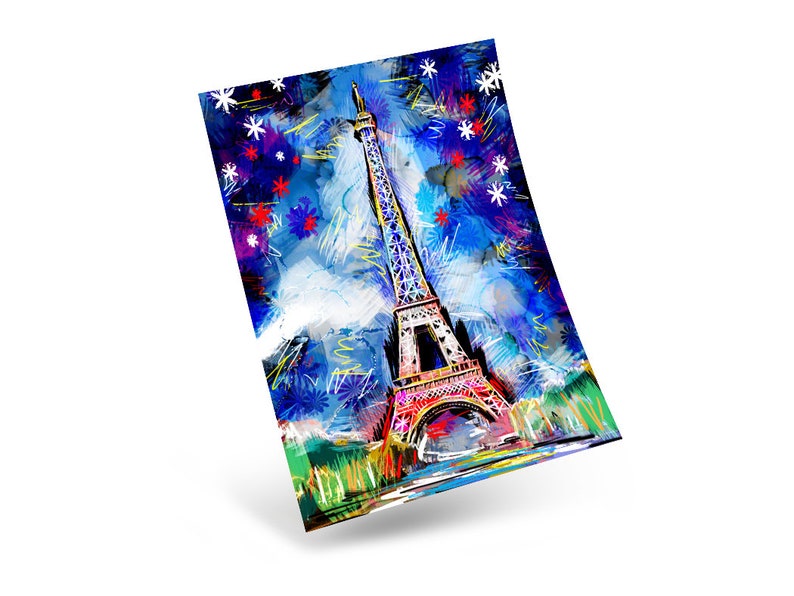 May include: A colorful abstract painting of the Eiffel Tower in Paris, France. The tower is painted in shades of red, yellow, and blue, with a white background. The painting is surrounded by a blue and white starry sky.