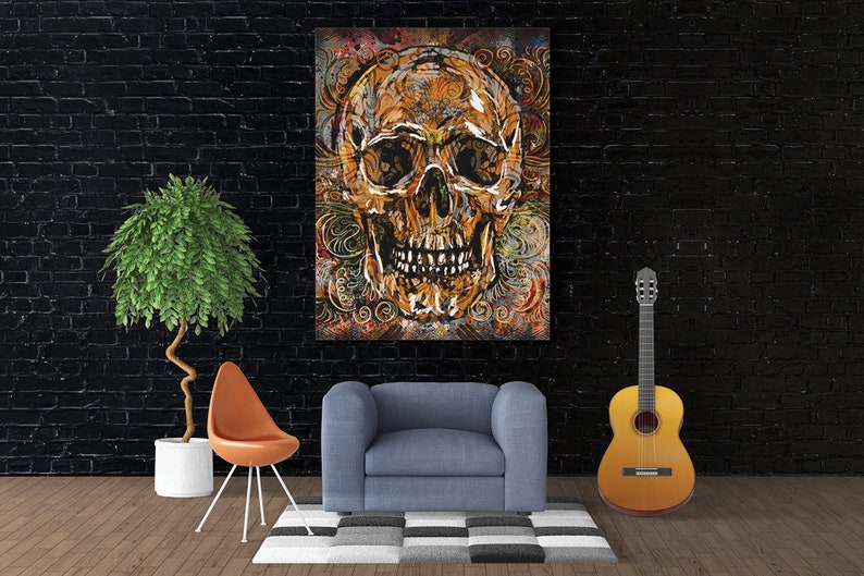 May include: A colorful abstract painting of a skull with intricate details and swirling patterns. The skull is painted in shades of gold, brown, and black, and the background is a mix of vibrant colors.