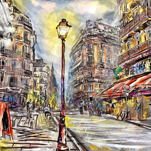 Pode incluir: Uma pintura em aquarela de uma cena de rua parisiense com um caf&eacute;, edif&iacute;cios e pessoas caminhando. O caf&eacute; tem uma cobertura vermelha e uma placa que diz "Le Bistrot". H&aacute; um poste de luz no centro da imagem.