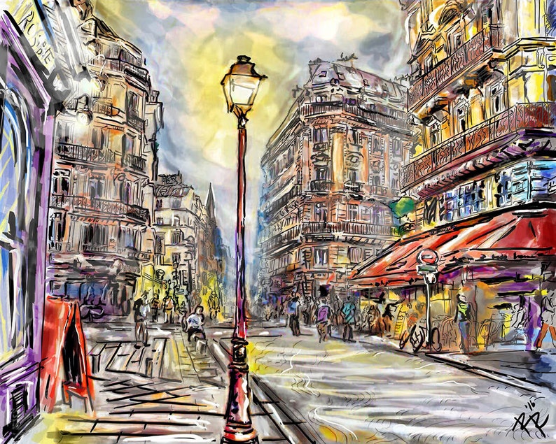 Pode incluir: Uma pintura em aquarela de uma cena de rua parisiense com um caf&eacute;, edif&iacute;cios e pessoas caminhando. O caf&eacute; tem uma cobertura vermelha e uma placa que diz "Le Bistrot". H&aacute; um poste de luz no centro da imagem.