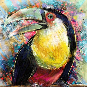May include: A colorful abstract painting of a toucan with a large, bright orange beak. The toucan's head is yellow and white, and its body is black with red and pink accents. The background is a vibrant mix of blue, green, and pink.