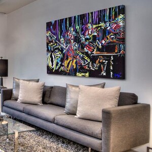 May include: A colorful abstract painting of a band playing music. The painting is done in a vibrant style with bold colors and thick brushstrokes. The band members are depicted in a dynamic pose, with their instruments raised in the air. The painting is set against a dark background, which creates a sense of energy and excitement.