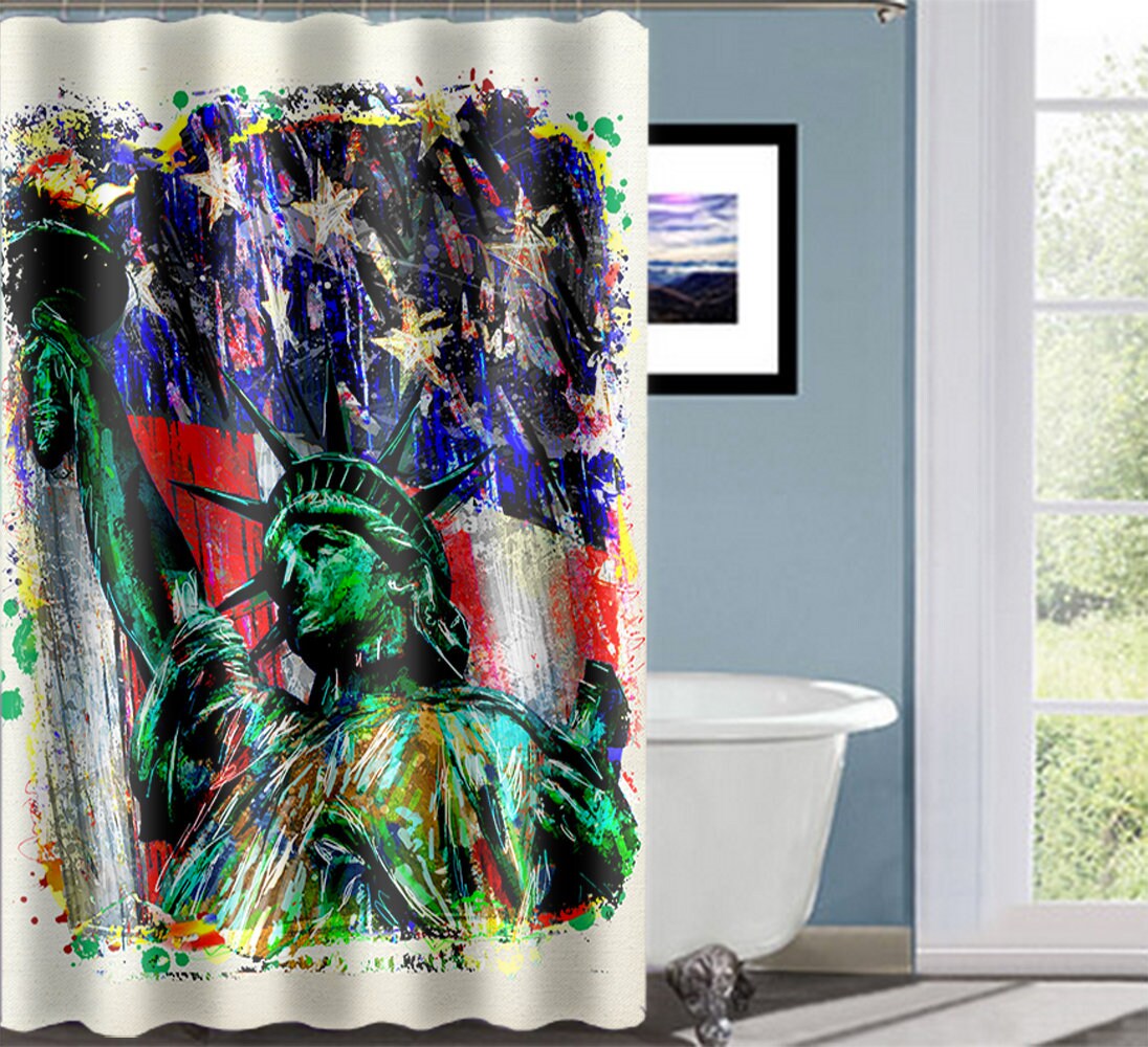 NEW YORK Watercolor Statue of Liberty Bathroom Fabric Shower Curtain Set 71" 