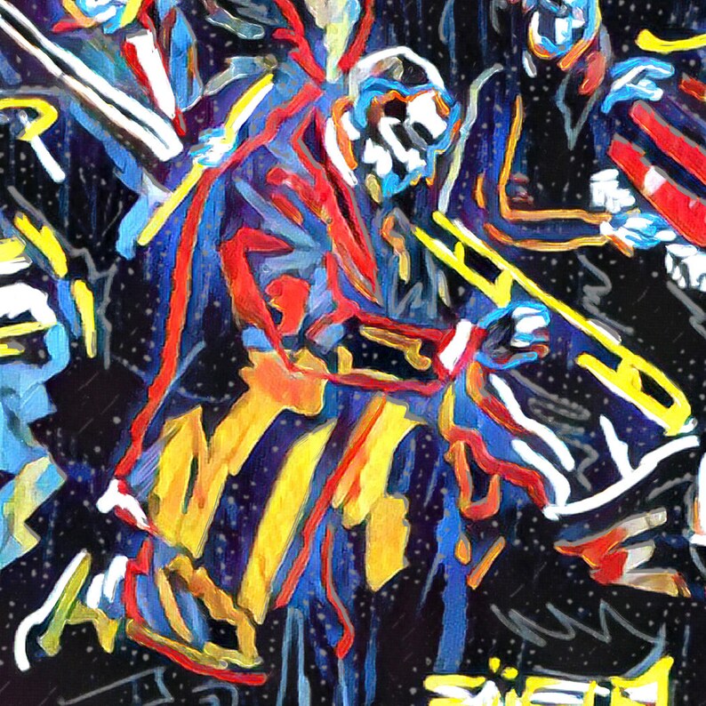 May include: A colorful abstract painting of a band playing music. The painting is done in a style that resembles a cartoon or comic book. The band members are all wearing different colored clothes and are playing different instruments. The painting is set against a dark background with stars.