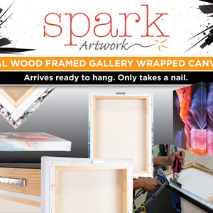 May include: A close-up of a real wood framed gallery wrapped canvas. The canvas is stretched over a wooden frame and the edges are wrapped around the sides. The canvas is ready to hang and only requires a nail.