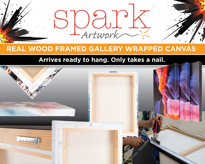 May include: A close-up of a real wood framed gallery wrapped canvas. The canvas is stretched over a wooden frame and the edges are wrapped around the sides. The canvas is ready to hang and only requires a nail.