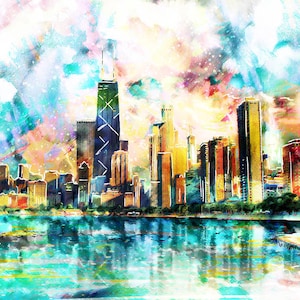 Impresión de arte de Chicago, arte del horizonte, arte de la ciudad