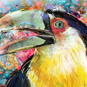May include: A colorful abstract painting of a toucan's head with a large, bright yellow beak. The toucan's eye is a vibrant green with a red and orange surrounding it. The background is a mix of blue, green, and pink.