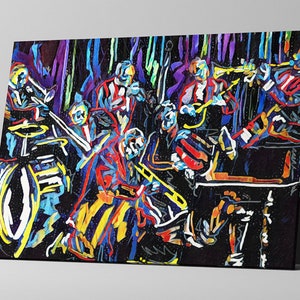 May include: A colorful abstract painting of a jazz band playing on a stage. The musicians are depicted in a stylized, almost cartoonish way, with bold lines and bright colors. The painting is full of energy and movement, capturing the excitement of a live jazz performance.