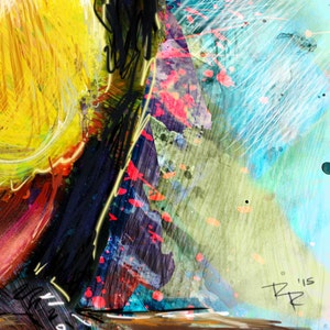 May include: Abstract painting with a mix of yellow, red, blue, black, and white paint. The painting has a textured look and a signature in the bottom right corner.