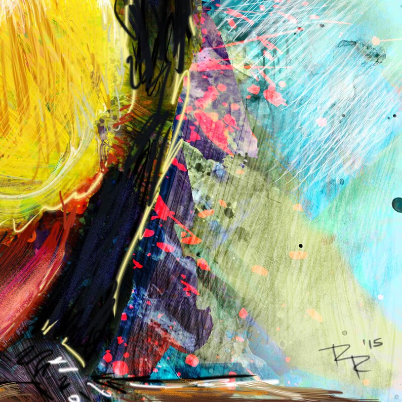 May include: Abstract painting with a mix of yellow, red, blue, black, and white paint. The painting has a textured look and a signature in the bottom right corner.