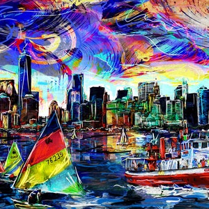 New York Skyline Painting, NY Skyline Canvas, Sailing Artwork image 2