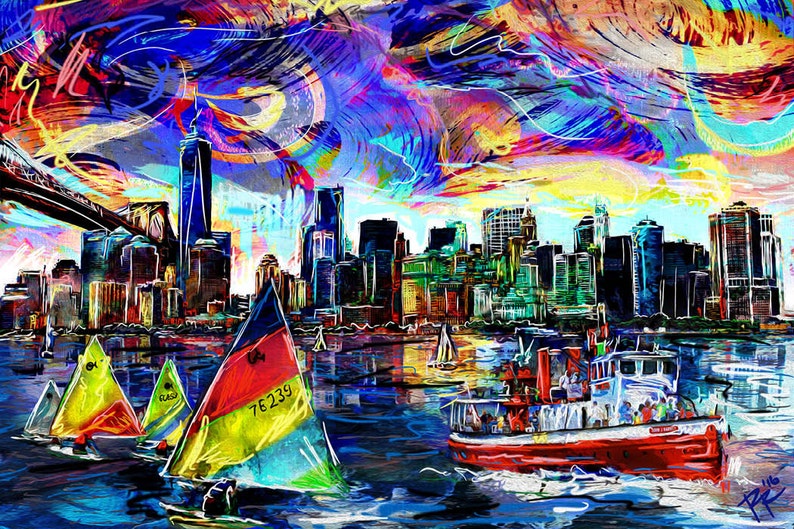 New York Skyline Painting, NY Skyline Canvas, Sailing Artwork image 2