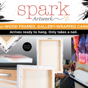 May include: A close-up of a real wood framed, gallery-wrapped canvas. The canvas is stretched over a wooden frame and the edges are painted white. The canvas is ready to hang and only requires a nail. The image shows a sample of the artwork, which is a colorful abstract painting.
