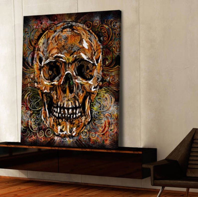 May include: A colorful abstract painting of a skull with intricate floral patterns in shades of orange, yellow, green, and brown.