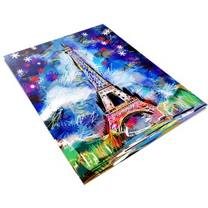 May include: A colorful abstract painting of the Eiffel Tower in Paris, France. The tower is painted in shades of pink, red, yellow, and blue. The background is a blue sky with white stars and blue and red flowers.