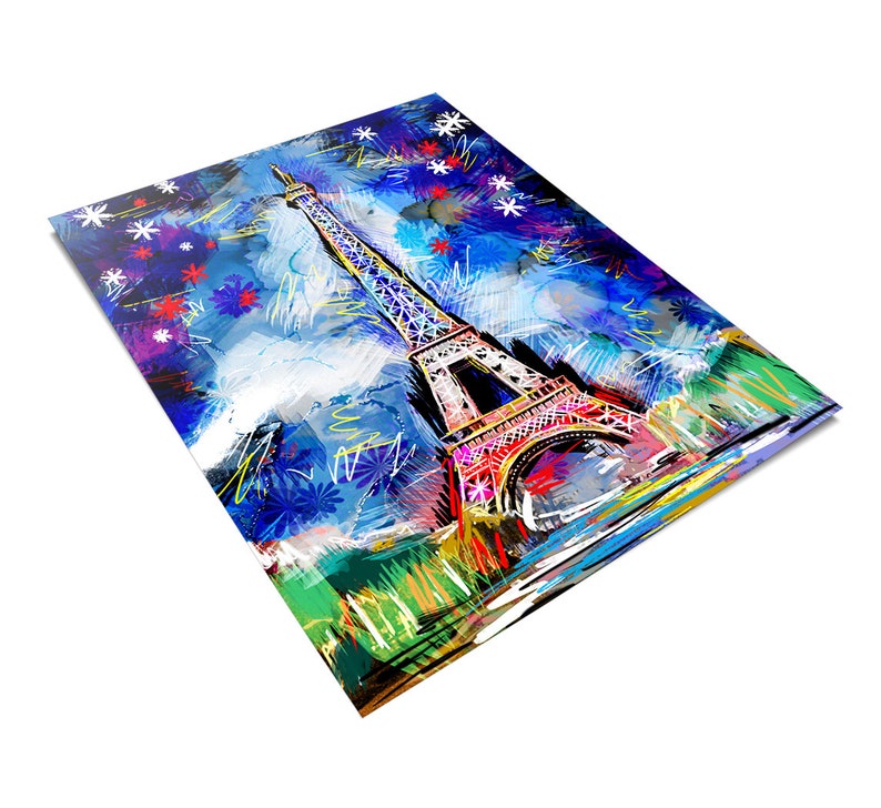 May include: A colorful abstract painting of the Eiffel Tower in Paris, France. The tower is painted in shades of pink, red, yellow, and blue. The background is a blue sky with white stars and blue and red flowers.