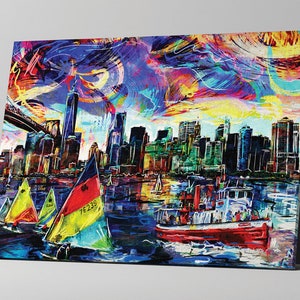 New York Skyline Painting, NY Skyline Canvas, Sailing Artwork image 5