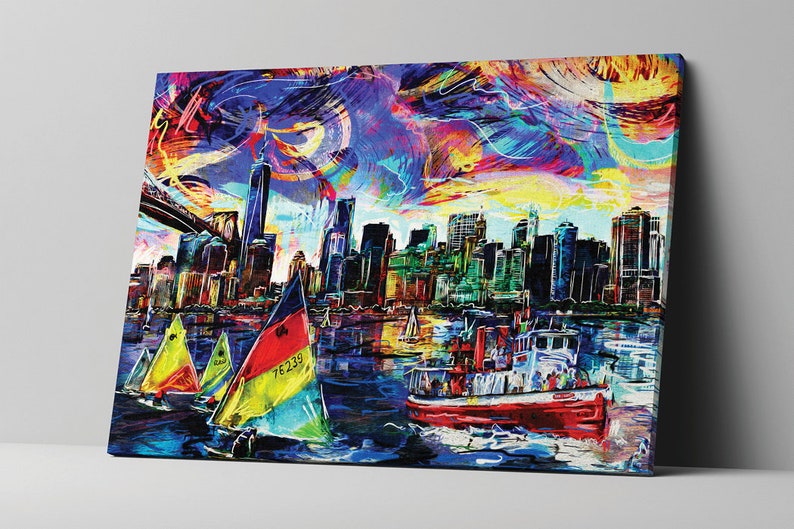 New York Skyline Painting, NY Skyline Canvas, Sailing Artwork image 5