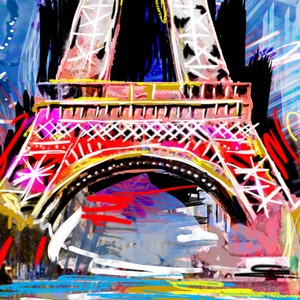 May include: A colorful abstract painting of the Eiffel Tower in Paris, France. The painting is done in a variety of bright colors, including red, yellow, blue, and green. The Eiffel Tower is depicted in a stylized way, with bold lines and shapes. The painting is a vibrant and energetic representation of the iconic landmark.