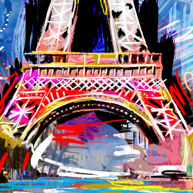 May include: A colorful abstract painting of the Eiffel Tower in Paris, France. The painting is done in a variety of bright colors, including red, yellow, blue, and green. The Eiffel Tower is depicted in a stylized way, with bold lines and shapes. The painting is a vibrant and energetic representation of the iconic landmark.