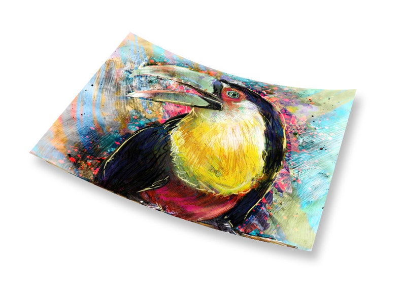 May include: A colorful painting of a toucan with a large beak. The toucan is painted in shades of yellow, red, black, and white. The background is a vibrant blue and green with splashes of color.