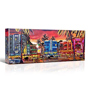 South Beach Canvas Art, Miami Beach, Panoramic painting, Colorful Home Decor