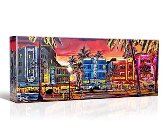 South Beach Canvas Art, Miami Beach, Panoramic painting, Colorful Home Decor