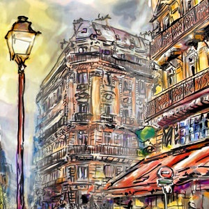 Pode incluir: Uma pintura em aquarela que representa uma cena de rua parisiense. Um edif&iacute;cio alto com in&uacute;meras janelas e varandas &eacute; apresentado, bem como um toldo vermelho sobre um caf&eacute;. Mesas e cadeiras s&atilde;o vis&iacute;veis sob o toldo, e um poste de luz fica do lado esquerdo da imagem.