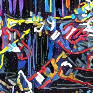 May include: Abstract painting of two figures playing musical instruments. The figures are painted in a vibrant style with bold strokes of red, blue, yellow, and white. The background is a dark blue with white speckles.